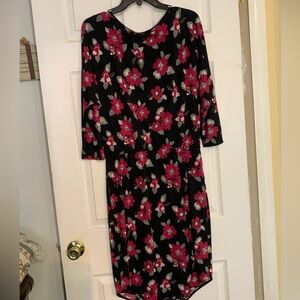 Ralph Lauren LRL Dress Womens Medium Black Pink Floral Tie Waist Midi 3/4 Sleeve